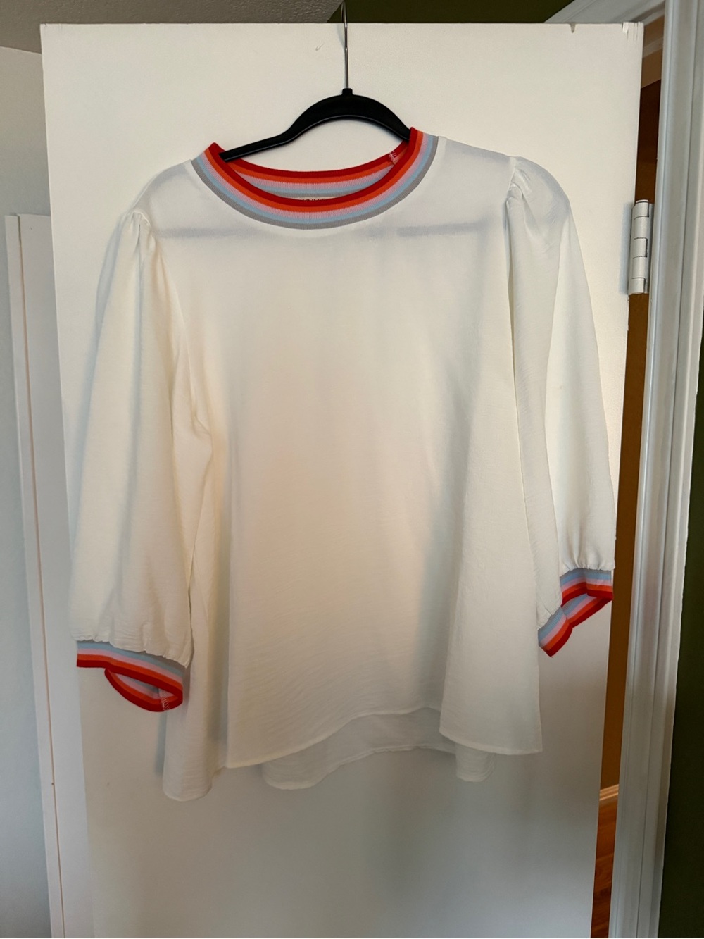 Ivory Puff Sleeve Blouse with Red & Blue Trim